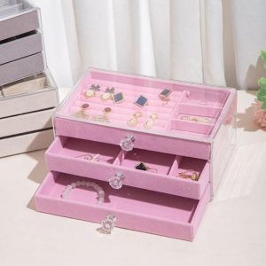 منظم مجوهرات مخملي فاخر | 3 أدراج تقسيمات متعددة | غطاء أكريليك شفاف